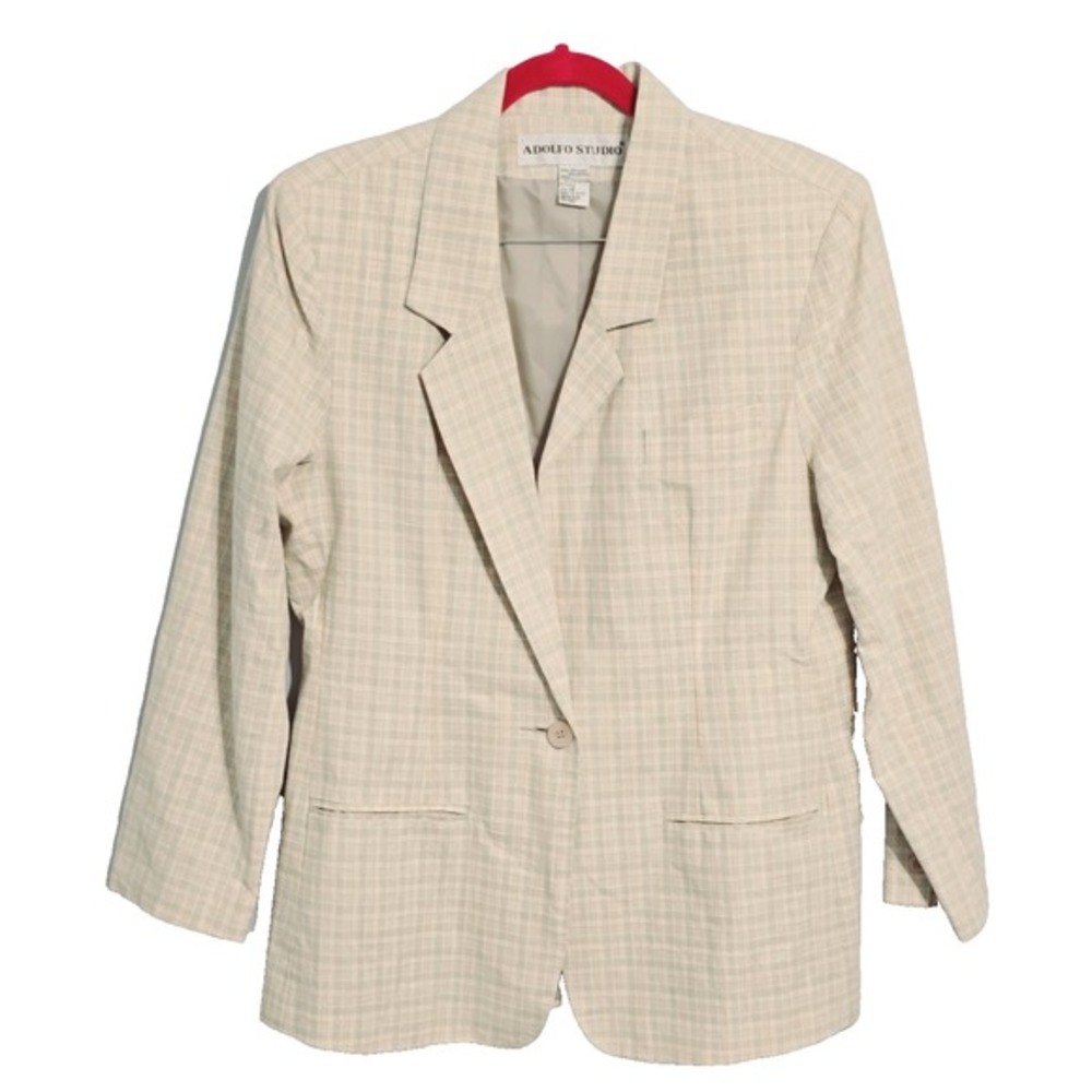 Adolfo Studio Women's Plaid Linen Blend Blazer Size 14 Spring Easter Resort Wear
